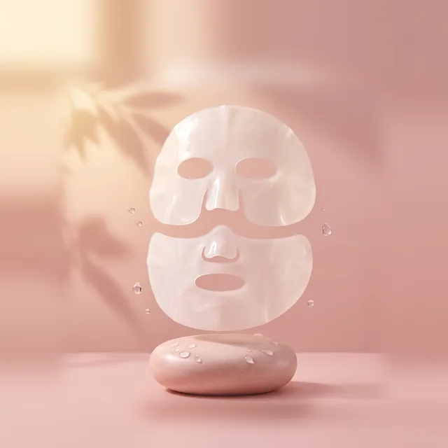 Las dos piezas de la Bio Collagen Mask, flotando sobre una piedra rosada.