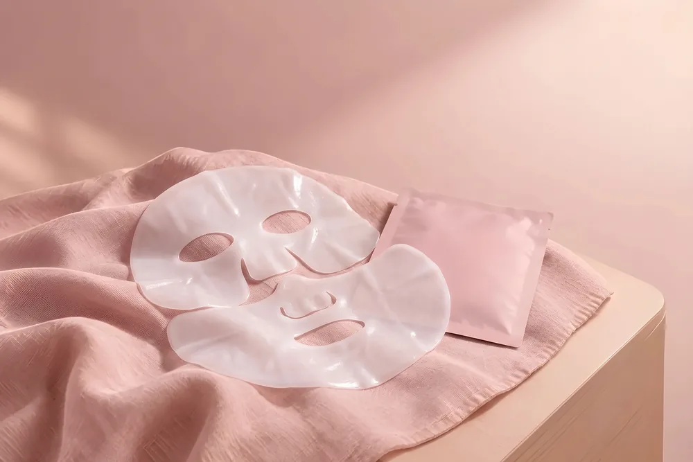 Las dos piezas de la Bio Collagen Mask sobre una toalla rosada, junto a su sobre, de noche en casa.