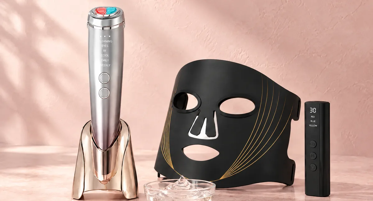 El RFusion Pro en su base y la máscara Auren con su control, sobre mármol rosado, junto a un cuenco con gel.