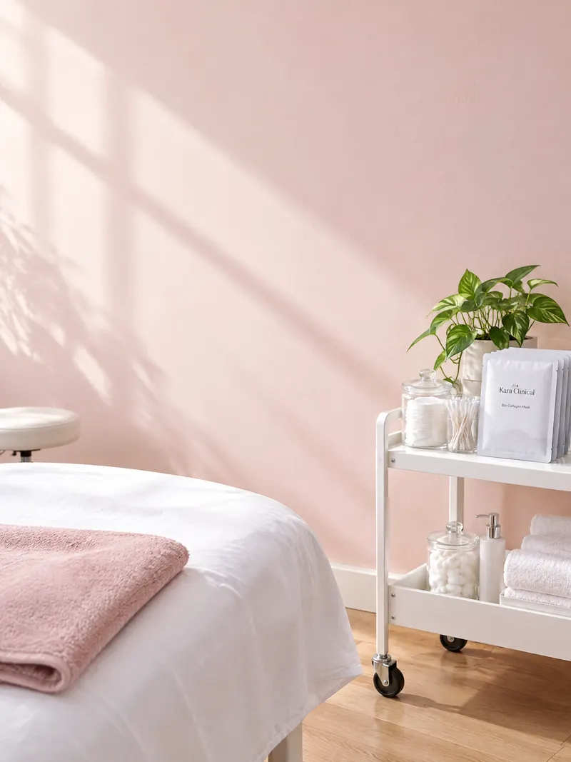 Una cabina de cosmetología con luz de mañana: la camilla con una toalla rosada y un carrito con algodón y sobres de Bio Collagen Mask.