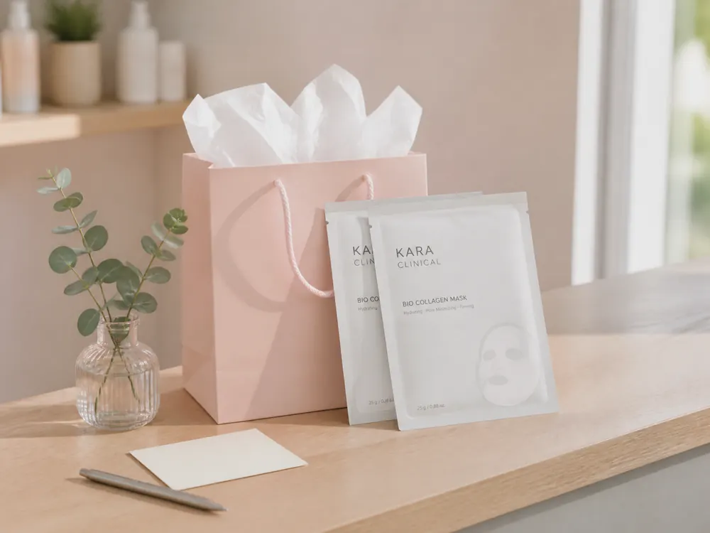 Sobre el mostrador de una cabina, una bolsa rosada con dos sobres de Bio Collagen Mask, lista para llevar a casa.