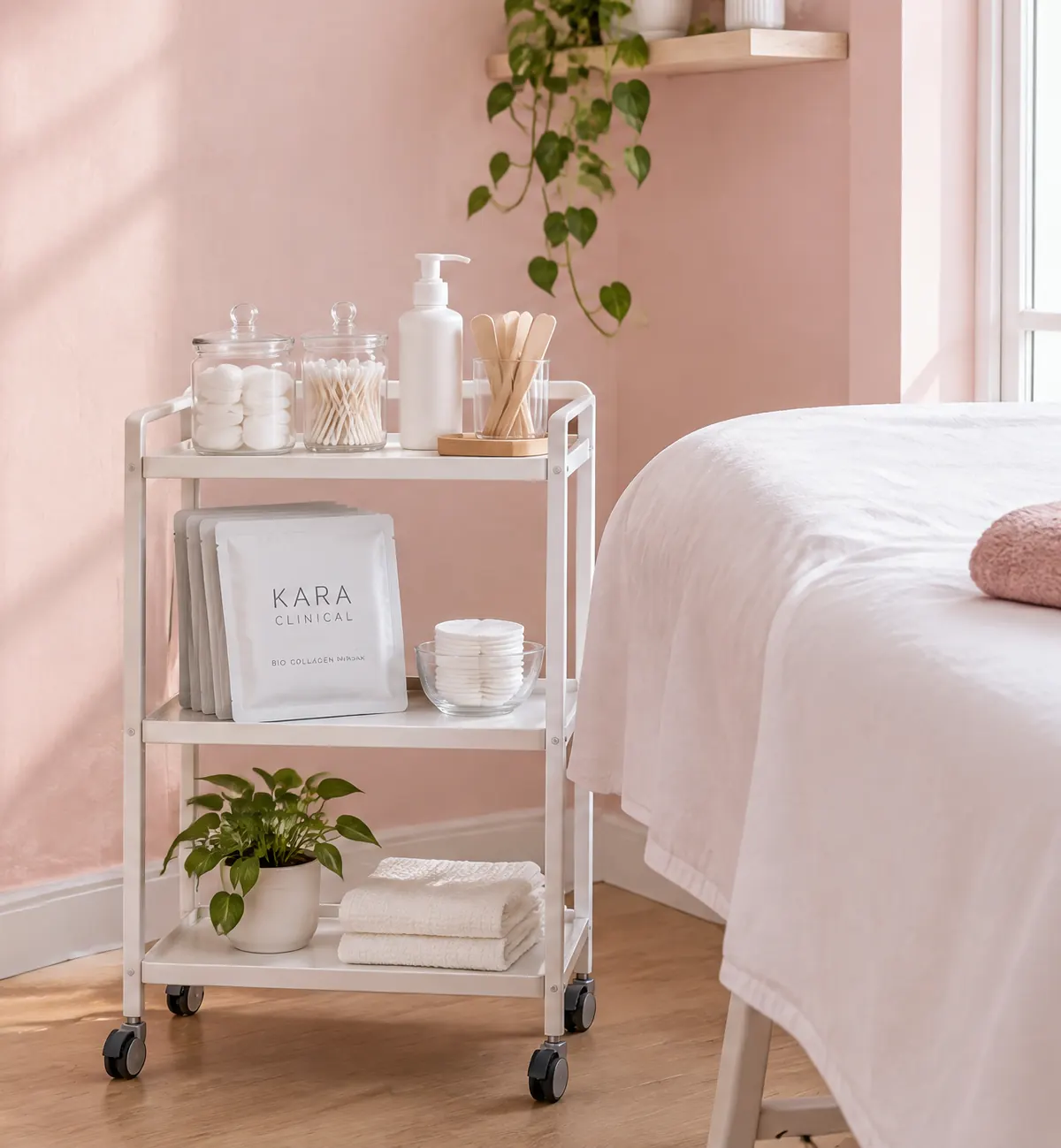 Una cabina de cosmetología con luz de día: la camilla con una toalla rosada y, al lado, un carrito con algodón y sobres de Bio Collagen Mask.