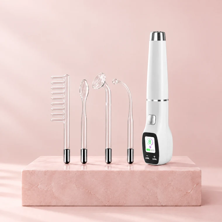 Oxy Pro de Kara Clinical sobre un bloque de piedra rosa: el mango blanco con pantalla de nivel y, a su lado, sus cuatro cabezales de vidrio, el peine entre ellos.
